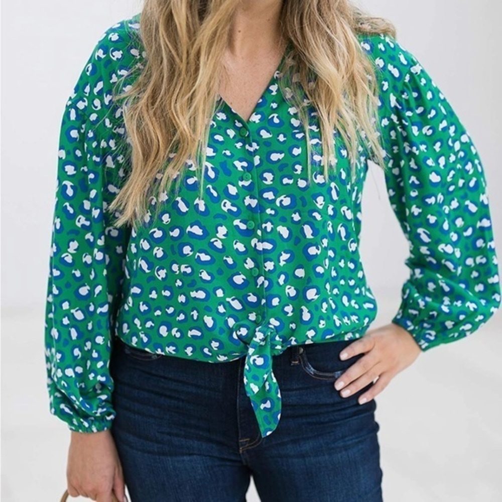 The Drop Green animal print blouse button down long sleeve waist tie 11/11 SALE!